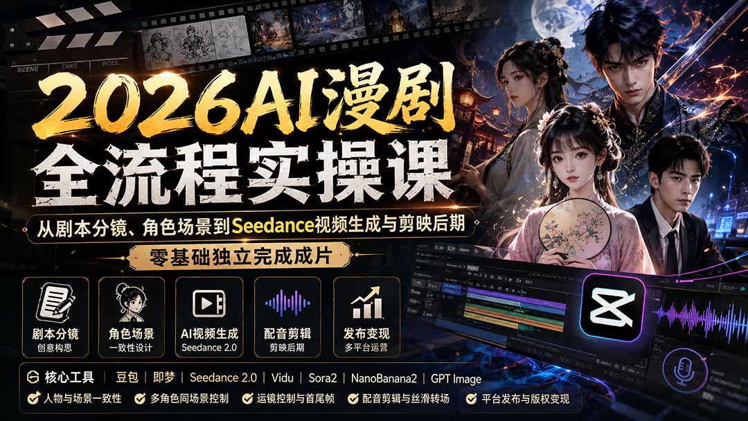 （20042期）2026AI漫剧全流程实操课：从剧本分镜、角色场景到Seedance视频生成与剪映后期，零基础独立完成成片-我爱项目网