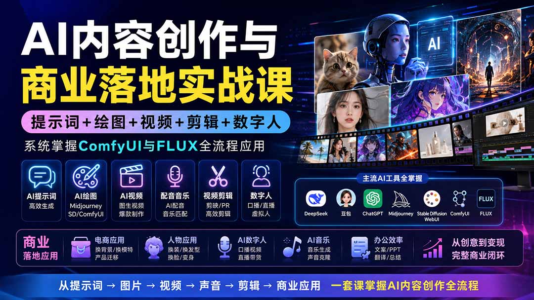 （19913期）AI内容创作与商业落地实战课：提示词+绘图+视频+剪辑+数字人，系统掌握ComfyUI与FLUX全流程应用-我爱项目网