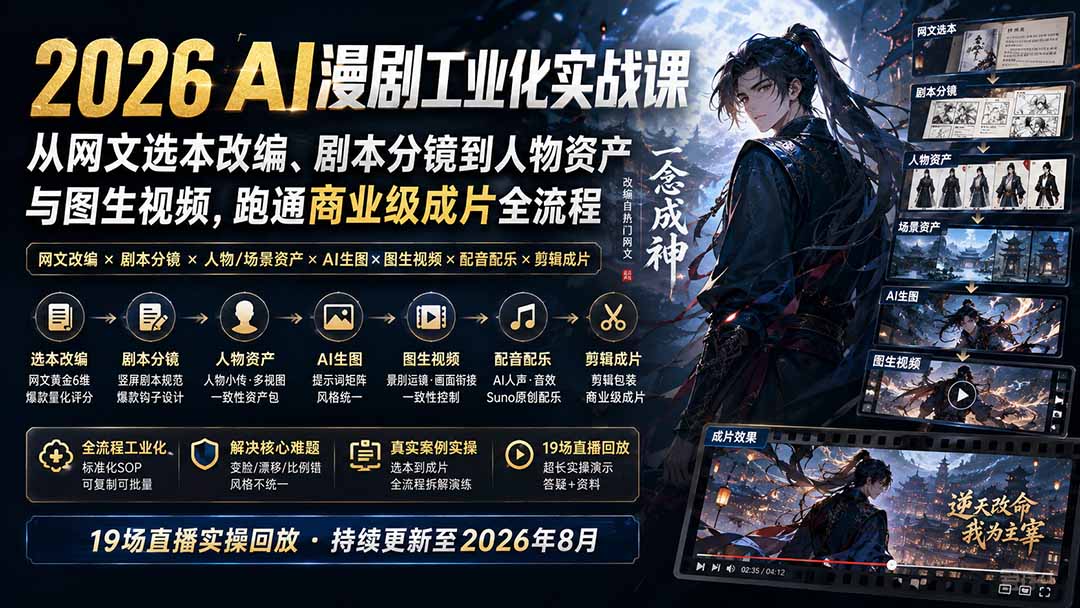 （20068期）2026 AI漫剧工业化实战课-更新：从网文选本改编、剧本分镜到人物资产与图生视频，跑通商业级成片全流程-我爱项目网