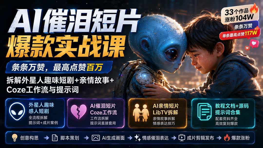 （20038期）AI催泪短片爆款实战课：条条万赞，最高点赞百万，拆解外星人趣味短剧+亲情故事+Coze工作流与提示词-我爱项目网