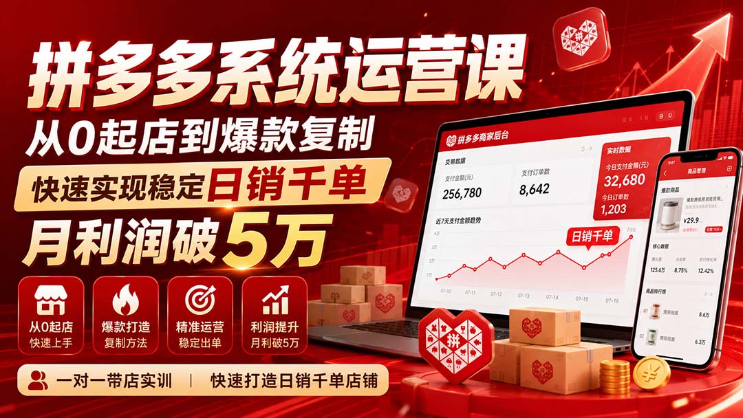 （20124期）拼多多系统运营课(更新8月)，从0起店到爆款复制，快速实现稳定日销千单，月利润破5万-我爱项目网