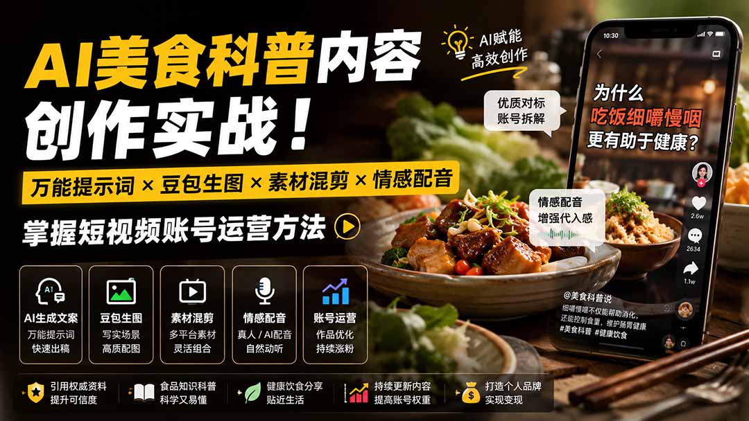 （19730期）外面卖199元-AI美食科普内容创作实战！万能提示词×豆包生图×素材混剪×情感配音，掌握短视频账号运营方法-我爱项目网