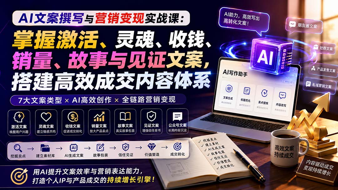 （20126期）AI文案撰写与营销变现实战课：掌握激活、灵魂、收钱、销量、故事与见证文案，搭建高效成交内容体系-我爱项目网