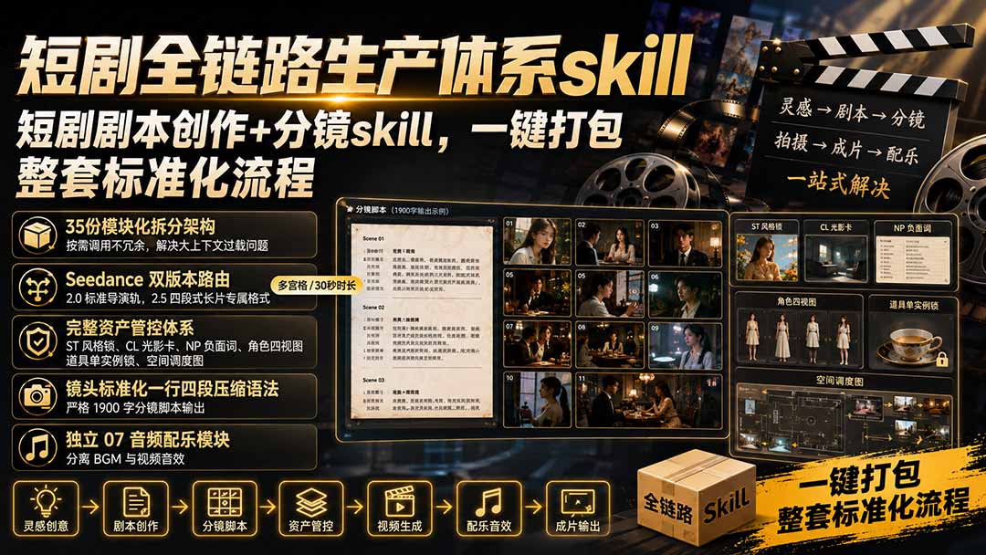 （19911期）短剧全链路生产体系skill，短剧剧本创作+分镜skill，一键打包，整套标准化流程-我爱项目网