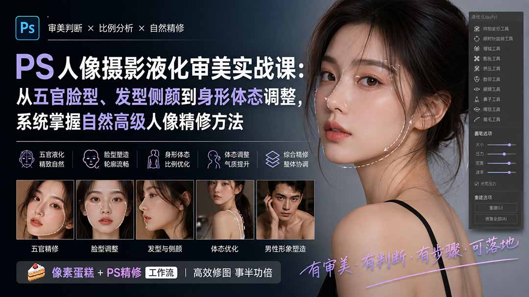 （20062期）PS人像摄影液化审美实战课：从五官脸型、发型侧颜到身形体态调整，系统掌握自然高级人像精修方法-我爱项目网