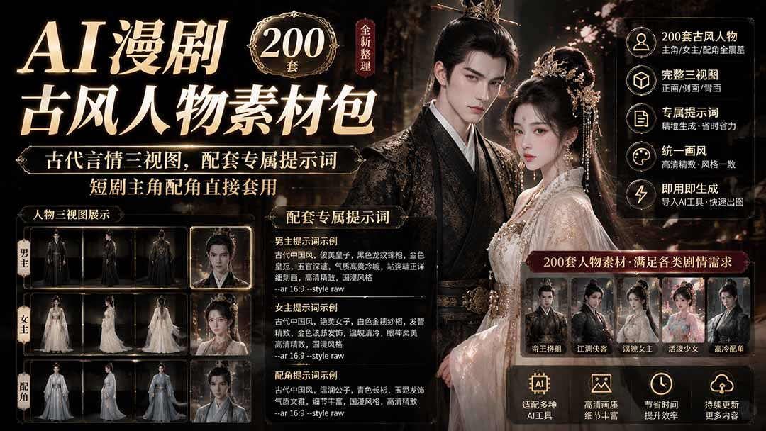 (19693期)AI漫剧古风人物素材包+提示词|200 套古代言情三视图,配套专属提示词短剧主角配角直接套用-我爱项目网