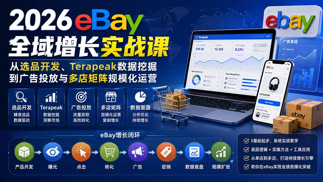 （20023期）2026-Vincent eBay全域增长实战课-无水印：从选品开发、Terapeak数据挖掘到广告投放与多店矩阵规模化运营-我爱项目网
