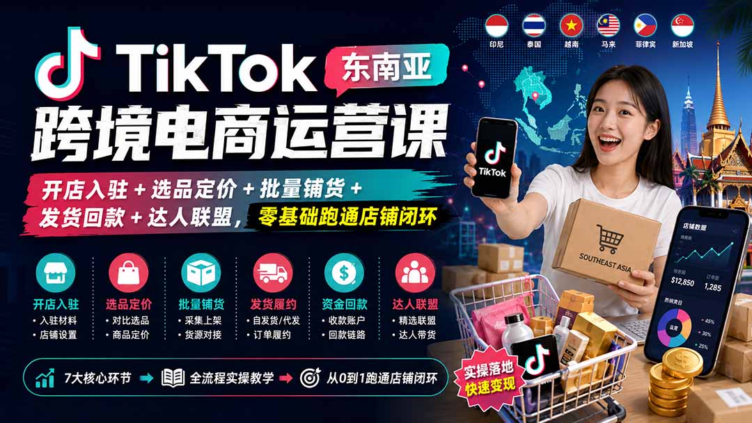 （20059期）TikTok东南亚跨境电商运营课：开店入驻+选品定价+批量铺货+发货回款+达人联盟，零基础跑通店铺闭环-我爱项目网