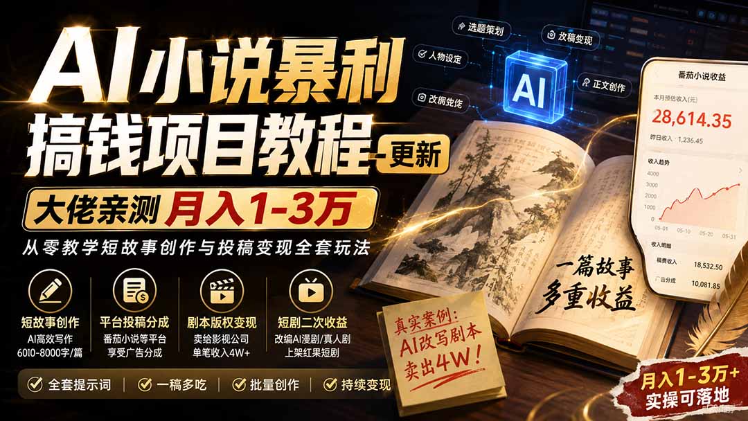 （20044期）AI小说暴利搞钱项目教程-更新，大佬亲测月入1-3万，从零教学短故事创作与投稿变现全套玩法-我爱项目网