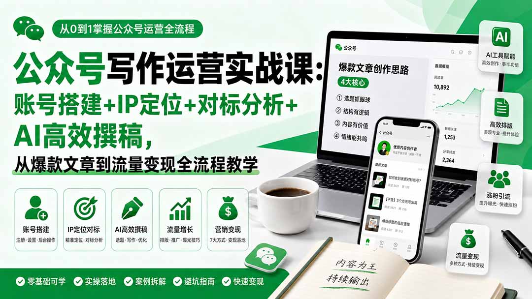（19914期）公众号写作运营实战课：账号搭建+IP定位+对标分析+AI高效撰稿，从爆款文章到流量变现全流程教学-我爱项目网