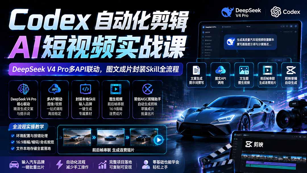 （19711期）Codex自动化剪辑AI短视频实战课｜DeepSeek V4 Pro多API联动，图文成片封装Skill全流程-我爱项目网
