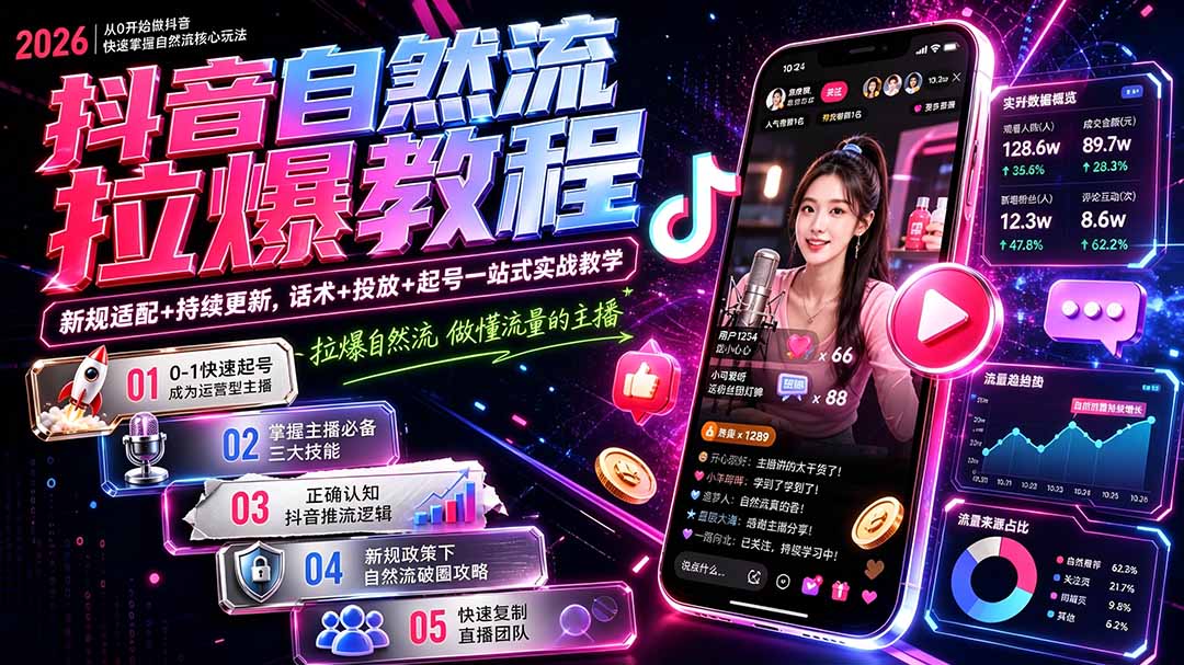 （20011期）抖音自然流拉爆教程-更新8月：做懂流量的主播，新规适配+持续更新，话术+投放+起号一站式实战教学-我爱项目网