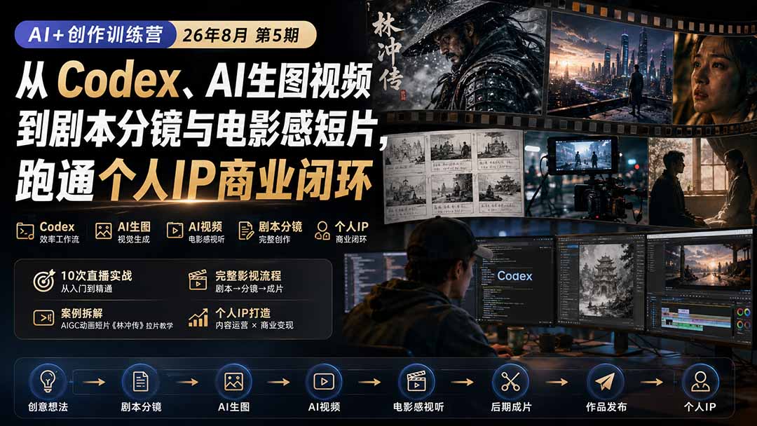 （20145期）AI+创作训练营26年8月第5期：从Codex、AI生图视频到剧本分镜与电影感短片，跑通个人IP商业闭环-我爱项目网