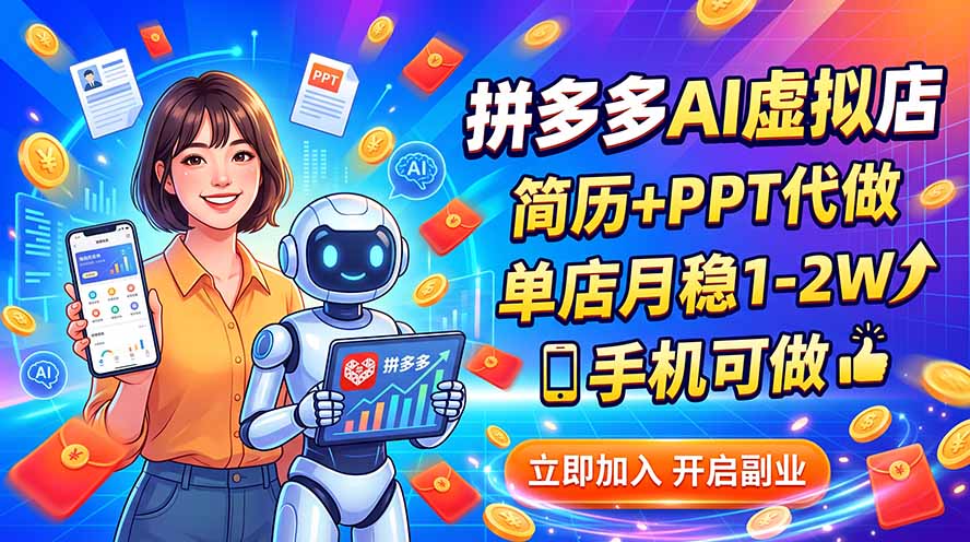 (20013期)拼多多AI虚拟店,简历+PPT代做,单店月稳1-2W,手机可做-我爱项目网