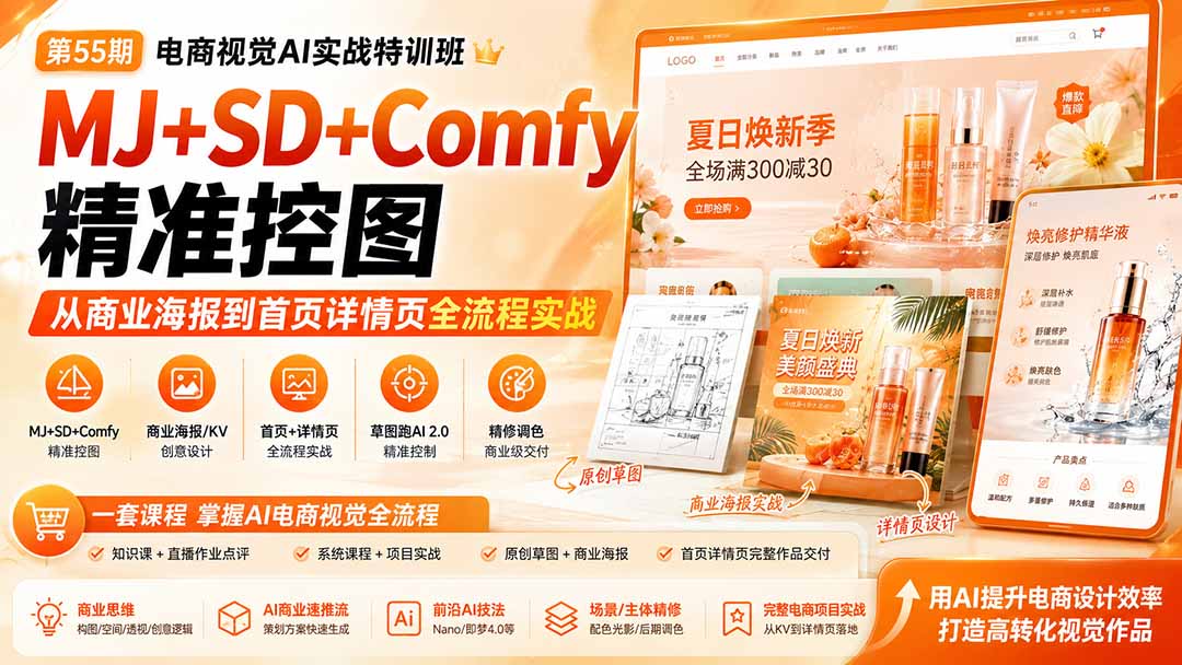 （20027期）电商视觉 AI实战训练营第55期：MJ+SD+Comfy精准控图，从商业海报到首页详情页全流程实战-我爱项目网