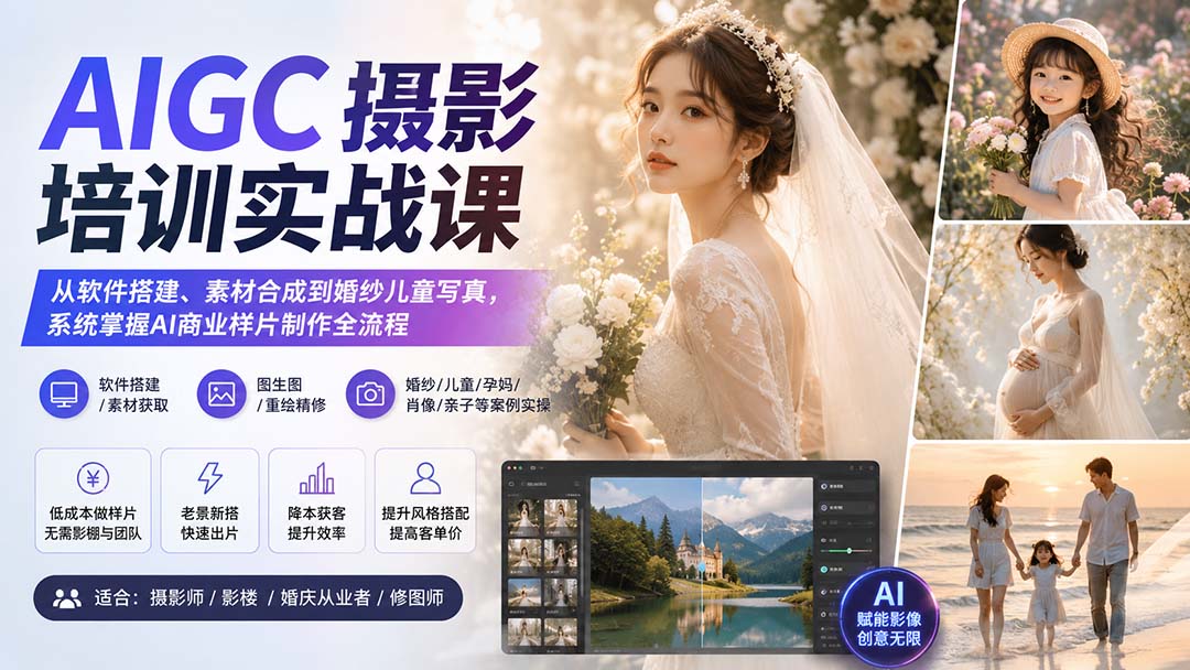 （20161期）AIGC摄影培训实战课：从软件搭建、素材合成到婚纱儿童写真，系统掌握AI商业样片制作全流程-我爱项目网