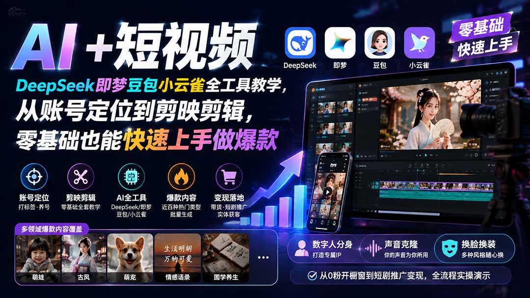 （19759期） AI+短视频｜DeepSeek即梦豆包小云雀全工具教学，从账号定位到剪映剪辑，零基础也能快速上手做爆款-我爱项目网