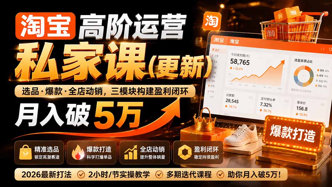 （19726期）淘宝高阶运营私家课（更新26年4月18）：选品、爆款、全店动销，三模块构建盈利闭环，月入破5万-我爱项目网