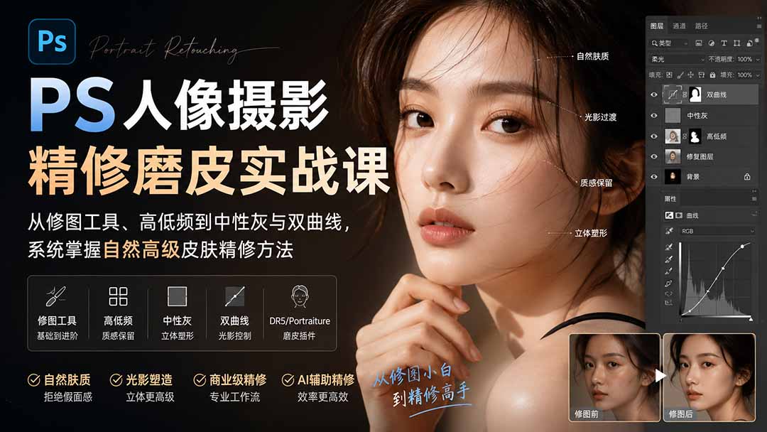（20061期）PS人像摄影精修磨皮实战课：从修图工具、高低频到中性灰与双曲线，系统掌握自然高级皮肤精修方法-我爱项目网