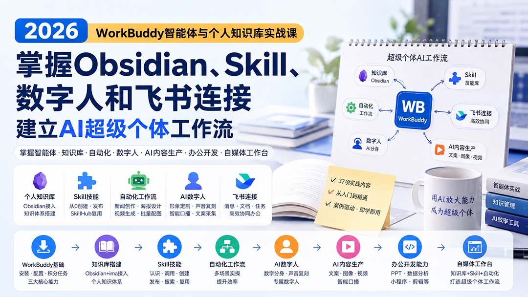 （20169期）2026 WorkBuddy智能体与个人知识库实战课：掌握Obsidian、Skill、数字人和飞书连接，建立AI超级个体工作流-我爱项目网