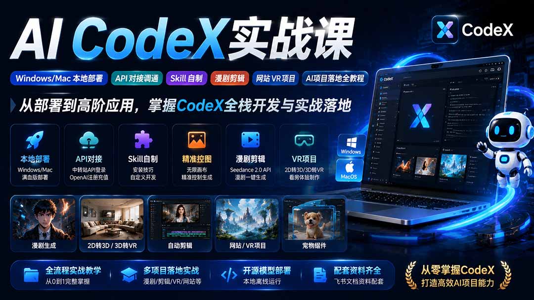 （19769期）AI  CodeX实战课｜Windows/Mac 本地部署｜API 对接调通｜Skill 自制｜漫剧剪辑｜网站 VR 项目｜AI项目落地全教程-我爱项目网