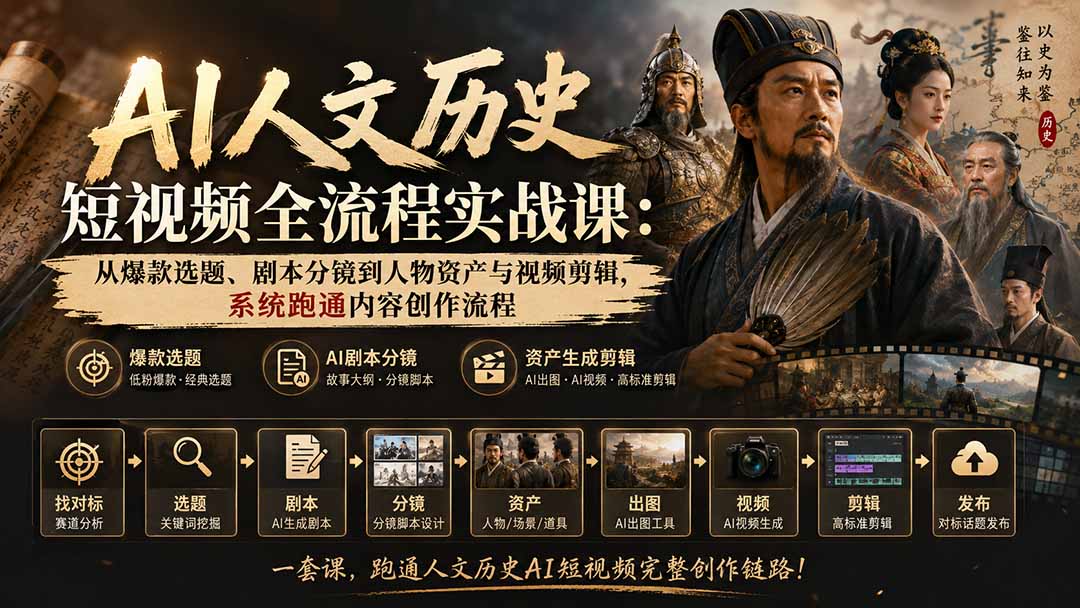 （20074期）AI人文历史短视频全流程实战课：从爆款选题、剧本分镜到人物资产与视频剪辑，系统跑通内容创作流程-我爱项目网