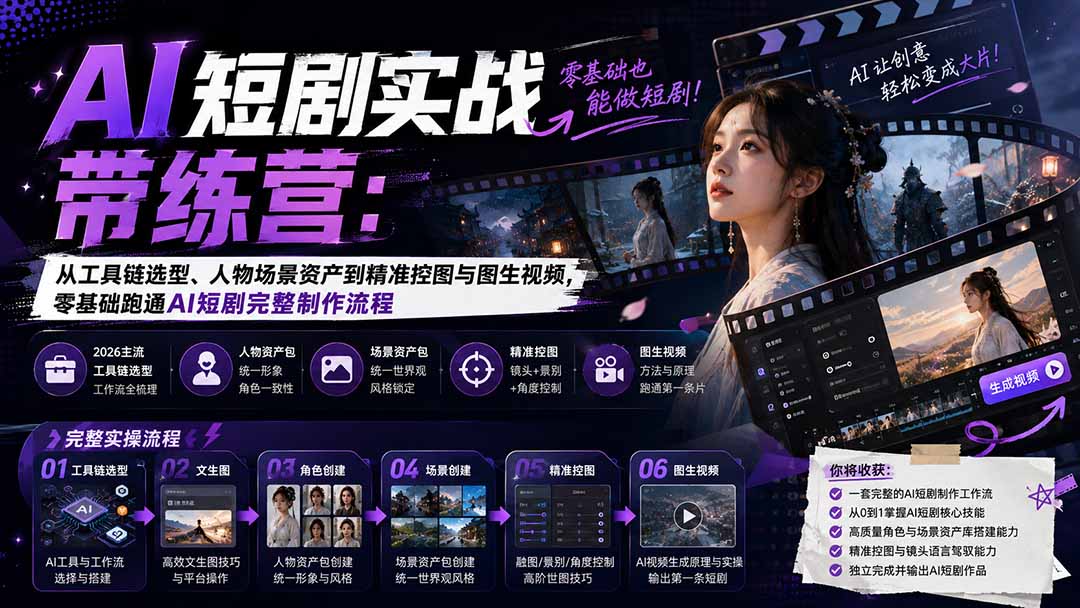 （20064期）AI短剧实战训练营：从工具链选型、人物场景资产到精准控图与图生视频，零基础跑通AI短剧完整制作流程-我爱项目网