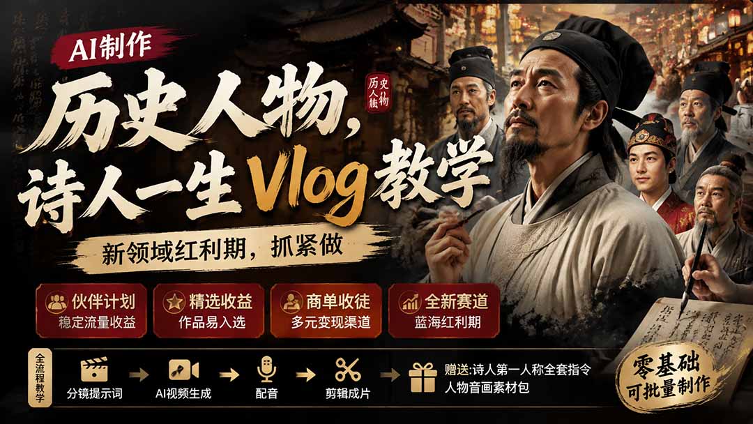 (19758期)历史人物,诗人一生Vlog教学, AI制作丨伙伴计划丨精选收益丨商单收徒 ,新领域红利期,抓紧做-我爱项目网