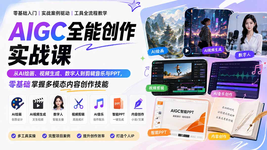 （20065期）AIGC全能创作实战课：从AI绘画、视频生成、数字人到剪辑音乐与PPT，零基础掌握多模态内容创作技能-我爱项目网