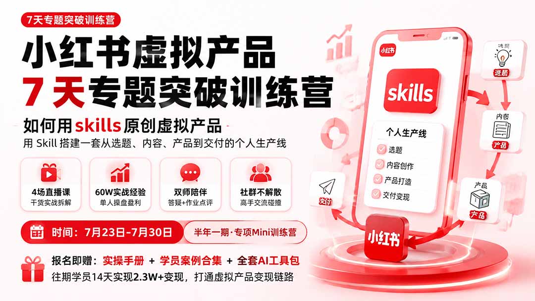 （19817期）小红书虚拟产品7天专题突破训练营，如何用skills原创虚拟产品，用Skil搭建一套从选题、内容、产品到交付的个人生产线-我爱项目网