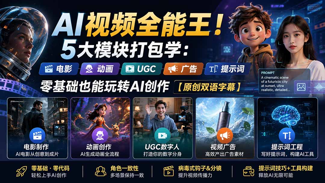 （20048期）AI视频全能王！5大模块打包学：电影、动画、UGC、广告、提示词，零基础也能玩转AI创作【原创双语字幕】-我爱项目网