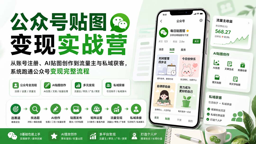 (20120期)公众号贴图变现实战营:从账号注册、AI贴图创作到流量主与私域获客,系统跑通公众号变现完整流程-我爱项目网