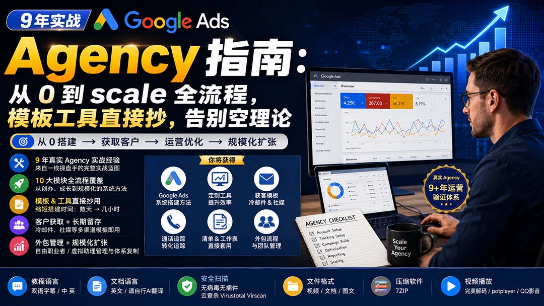 （20139期）9 年实战 Google Ads Agency 指南：从 0 到 scale 全流程，模板工具直接抄，告别空理论【原创双语字幕】-我爱项目网