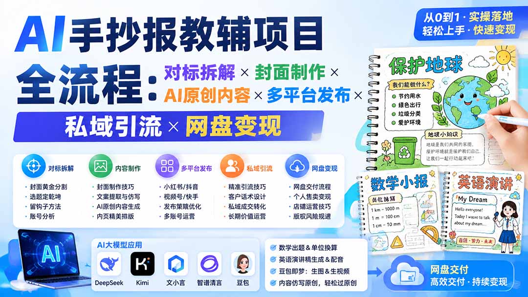 （19785期）AI手抄报教辅项目全流程：对标拆解×封面制作×AI原创内容×多平台发布×私域引流×网盘变现-我爱项目网