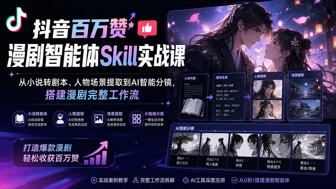 （20172期）抖音百万赞漫剧智能体Skill实战课：从小说转剧本、人物场景提取到AI智能分镜，搭建漫剧完整工作流-我爱项目网