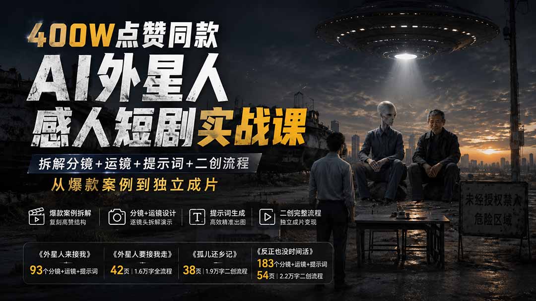（20052期）400W点赞同款AI外星人感人短剧实战课：拆解分镜+运镜+提示词+二创流程，从爆款案例到独立成片-我爱项目网