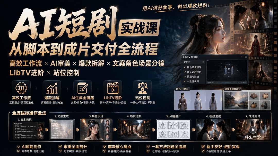 （19717期）AI短剧实战课：高效工作流×AI审美×爆款拆解×文案角色场景分镜×LibTV进阶×站位控制×从脚本到成片交付全流程-我爱项目网