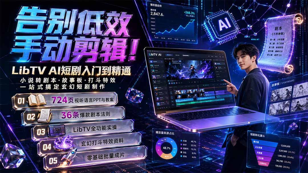 （19678期）告别低效手动剪辑！LibTV AI短剧入门到精通，小说转剧本方法，故事板打斗特效一站式搞定玄幻短剧制作-我爱项目网
