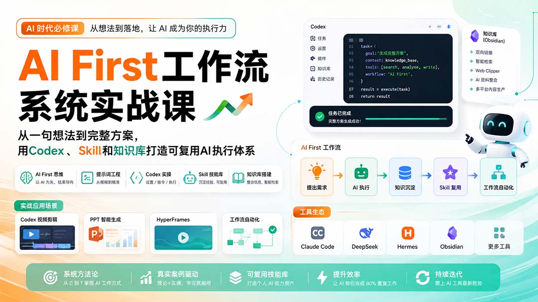 （20104期）AI First工作流系统实战课：从一句想法到完整方案，用Codex、Skill和知识库打造可复用AI执行体系-我爱项目网