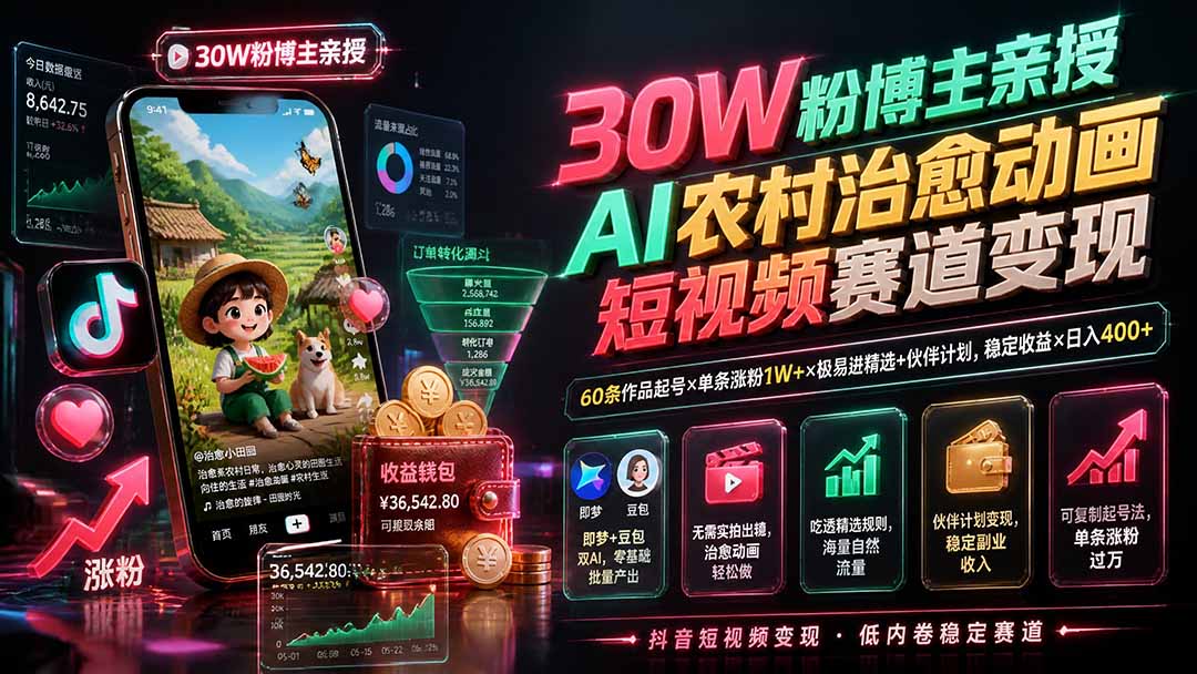 （19648期）30W粉博主亲授AI农村治愈动画短视频赛道变现：60条作品起号×单条涨粉1W+×极易进精选+伙伴计划，稳定收益×日入400+-我爱项目网