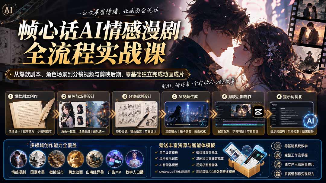 （20036期）帧心话AI情感漫剧全流程实战课：从爆款剧本、角色场景到分镜视频与剪映后期，零基础独立完成动画成片-我爱项目网
