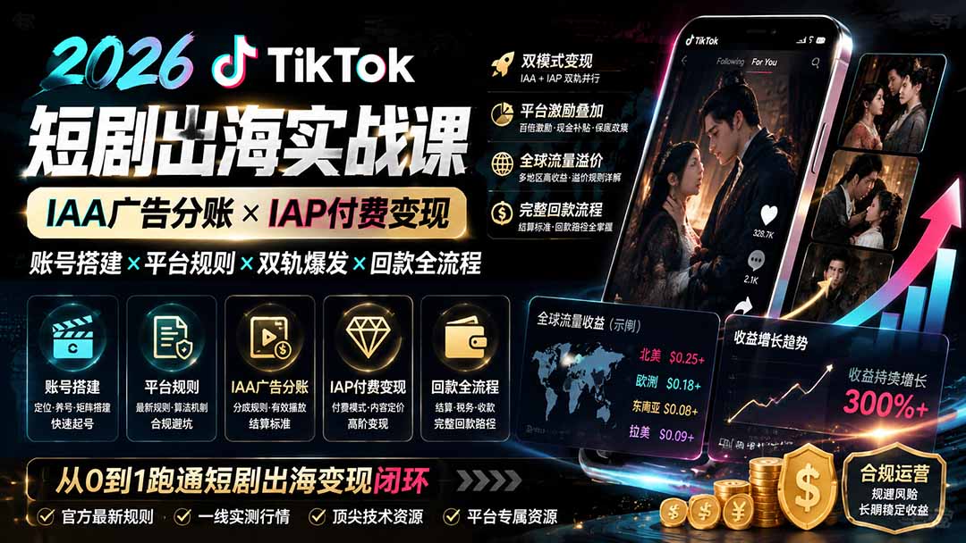 （19740期）2026TikTok短剧出海实战课：IAA广告分账×IAP付费变现×账号搭建×平台规则×双轨爆发×回款全流程-我爱项目网