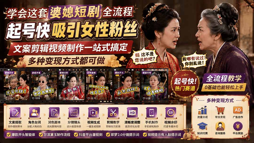 （19704期）学会这套婆媳短剧全流程：起号快吸引女性粉丝，文案剪辑视频制作一站式搞定，多种变现方式都可做-我爱项目网