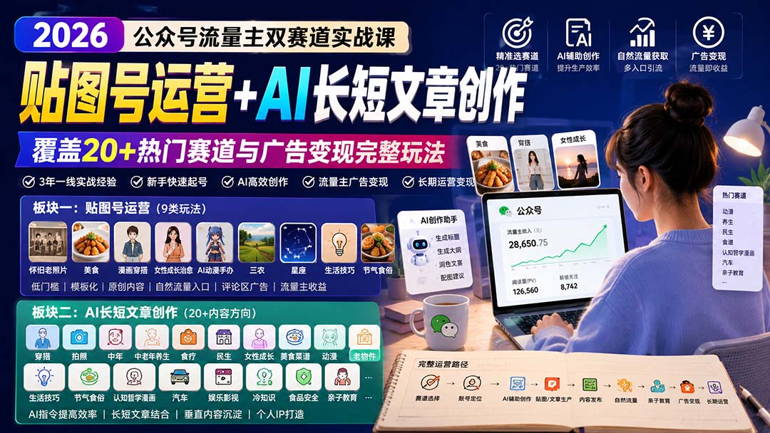 （20153期）公众号流量主双赛道实战课：贴图号运营+AI长短文章创作，覆盖20+热门赛道与广告变现完整玩法-我爱项目网