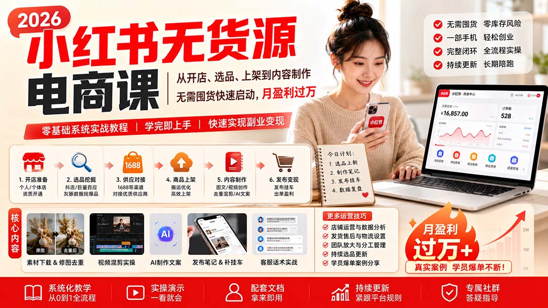 （20154期）小红书无货源电商课(8月30更新)：从开店、选品、上架到内容制作，无需囤货快速启动，月盈利过万-我爱项目网