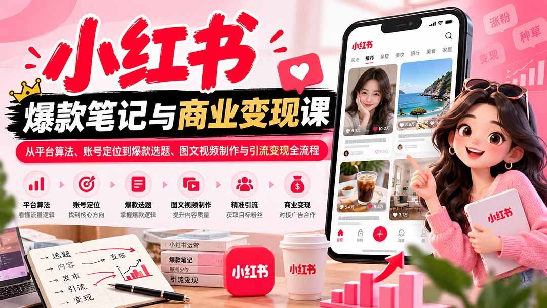 （20709期）2026小红书爆款笔记与商业变现课：从平台算法、账号定位到爆款选题、图文视频制作与引流变现全流程-我爱项目网