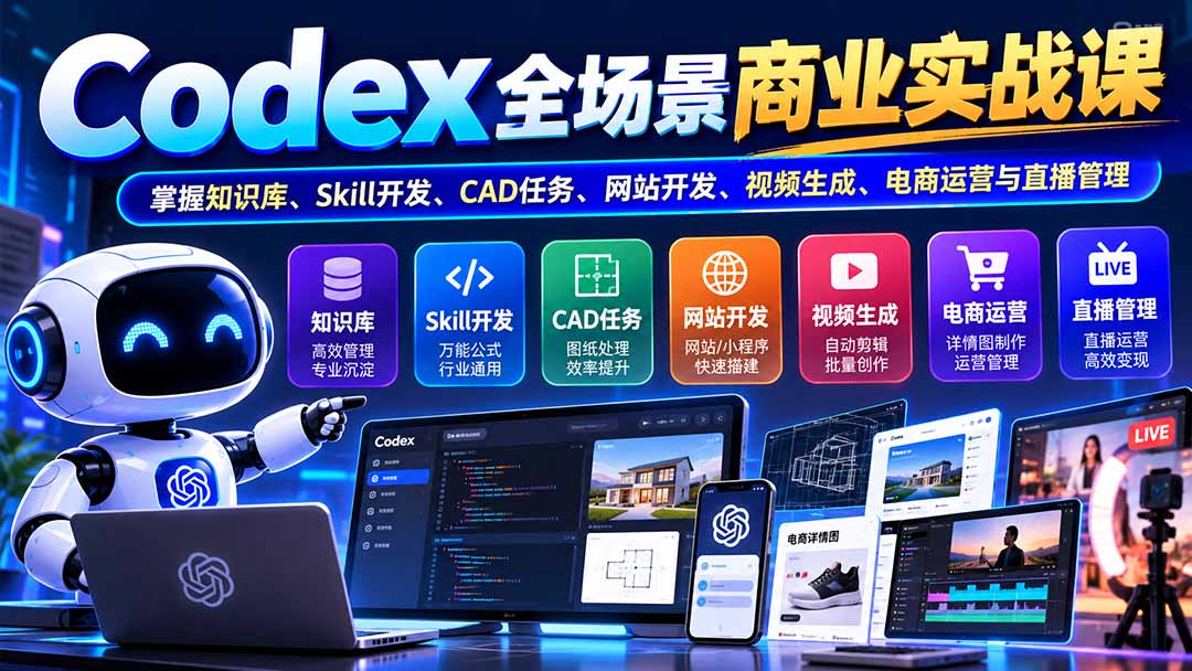（20712期）【无水印】Codex全场景商业实战课：掌握知识库、Skill开发、CAD任务、网站开发、视频生成、电商运营与直播管理-我爱项目网