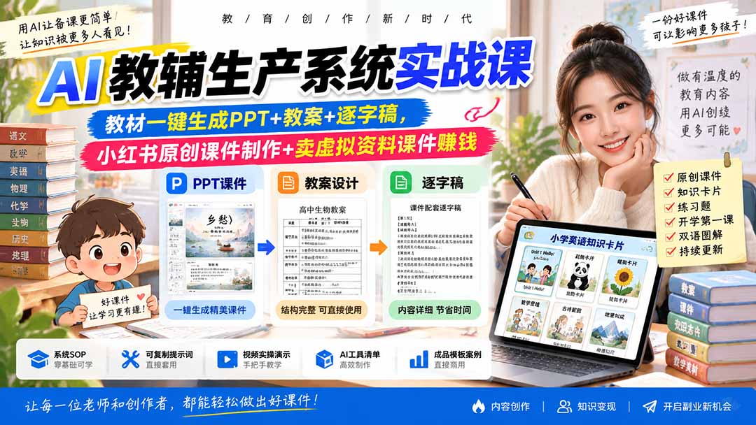 （20583期）AI教辅生产系统实战课-更新0922｜教材一键生成PPT+教案+逐字稿，小红书原创课件制作+卖虚拟资料课件赚钱-我爱项目网