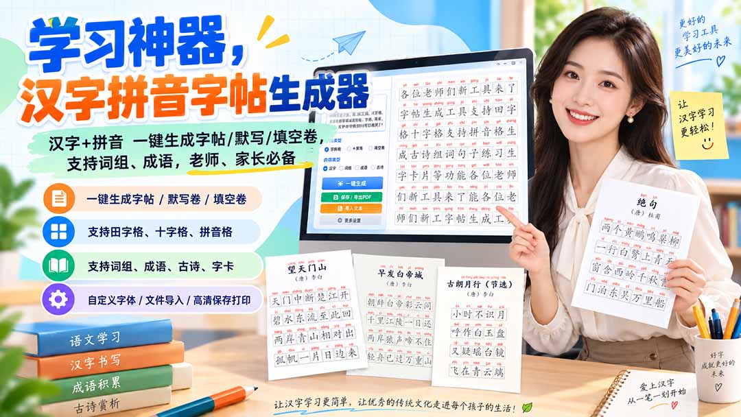 （20299期）学习神器，汉字拼音字帖生成器，汉字+拼音 一键生成字帖/默写/填空卷，支持词组、成语，老师、家长必备-我爱项目网
