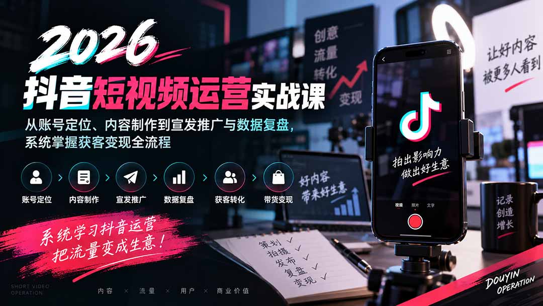 （20406期）2026抖音短视频运营实战课：从账号定位、内容制作到宣发推广与数据复盘，系统掌握获客变现全流程-我爱项目网